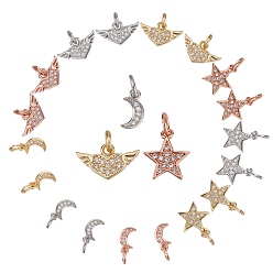 Mixed Color CREATCABIN 18Pcs 3 Style Brass Clear Micro Pave Cubic Zirconia Charms, Star & Moon & Heart with Wing, Mixed Color, 18pcs/box