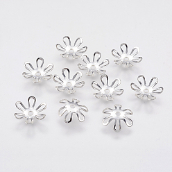 Real Platinum Plated 6-Petal Brass Bead Caps, Long-Lasting Plated, Flower, Real Platinum Plated, 10x2mm, Hole: 1mm