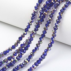 Medium Blue Electroplate Transparent Glass Beads Strands, Half Rose Gold Plated, Faceted, Rondelle, Medium Blue, 8x6mm, Hole: 1mm, about 65~68pcs/strand, 15.7~16.1 inch(40~41cm)
