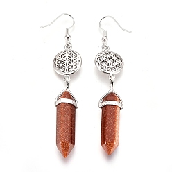 Goldstone Pointed Bullet Synthetic Goldstone Dangle Earrings, with Brass Earring Hooks and Flat Round with Flower of Life Links, Platinum, 77mm, Pin: 0.7mm