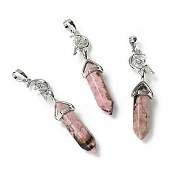 Rhodonite Natural Rhodonite Double Terminated Pointed Big Pendants, with Platinum Tone Brass Findings, Cadmium Free & Lead Free, Moon with Fairy & Bullet, Faceted, 62~66mm