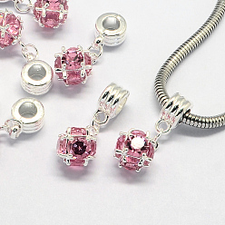 Rosa Claro Encantos colgantes europeos de aleación, con diamantes de imitación, Grandes colgantes agujero, rondo, el color plateado de plata, rosa luz, 28 mm, agujero: 5 mm