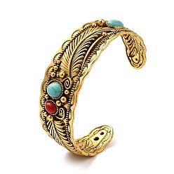 Antique Golden Tibetan Style Alloy Cuff Bangles, Bohemian Style Feather Bangle for Women, with Imitation Turquoise, Antique Golden, 5/8~1-1/8 inch(1.5~2.7cm), Inner Diameter: 2-5/8 inch(6.74cm)