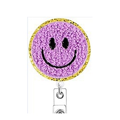 Medium Orchid Smiling Face Wool Chenille Clip-On Retractable Badge Holders, Badge Reels, Alloy Alligator Clip Tag Card Holders, Medium Orchid, 50mm
