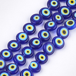 Dark Blue Handmade Evil Eye Lampwork Beads Strands, Flat Round, Dark Blue, 9.5x3.5mm, Hole: 1.2mm, about 38pcs/strand, 14.1 inch~14.5 inch
