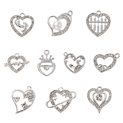 Platinum 10Pcs 10 Style Alloy Pendants, with Crystal Rhinestone and ABS Plastic Imitation Pearl, Heart & Crown & Rabbit & Arrow Charms, Platinum, 14~23.5x13~23x2.8~8.5mm, Hole: 1.8~2.2mm, 1Pc/style