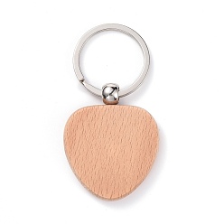 BurlyWood Natural Wood Keychain, with Platinum Plated Iron Split Key Rings, Heart, BurlyWood, 7.6cm, Heart: 48.5x39x7mm