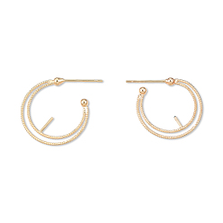 Real 18K Gold Plated Brass Stud Earring Findings, For Half Drilled Beads, Half Hoop Earrings, Cadmium Free & Nickel Free & Lead Free, Ring, Real 18K Gold Plated, 24x21mm, Pin: 0.7mm