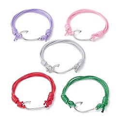 Mixed Color Fish Hook Shape 304 Stainless Steel Link Braclet, Waxed Polyester Cord Adjustable Bracelets, Mixed Color, Inner Diameter: 2-1/4~3-7/8 inch(5.7~9.8cm)
