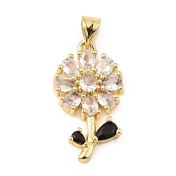 Black Real 18K Gold Rack Plating Brass Micro Pave Cubic Zirconia Pendants, Long-Lasting Plated, Cadmium Free & Lead Free, Flower Charms, Black, 24.5x13.5x3.5mm, Hole: 3.5x4.5mm