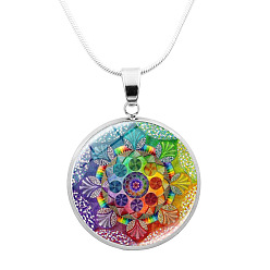 Colorful Glass Mandala Flower Dome Pendant Necklace, Platinum Brass Jewelry for Women, Colorful, 24.21 inch(61.5cm)