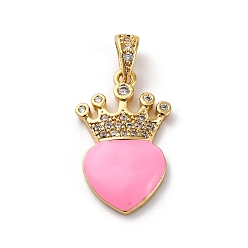 Pearl Pink Brass Cubic Zirconia Pendants, with Enamel & Snap on Bail, Real 18K Gold Plated, Long-Lasting Plated, Lead Free & Cadmium Free, Heart & Crown, Pearl Pink, 25x14.5x4mm, Snap on Bail: 3.5x7mm, Inner Diameter: 2.5x4mm