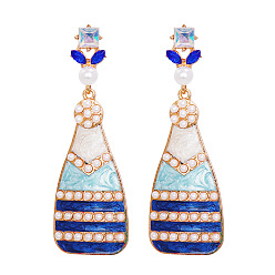 Blue Champagne-Colored Oil-Coated Earrings with Sparkling Diamonds and Pearls