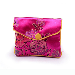 Medium Violet Red Chinese Style Rectangle Cloth Zipper Pouches, with Flower Pattern and Snap Button, Medium Violet Red, 6.5x7.5cm