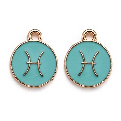 Pisces Alloy Enamel Pendants, Flat Round with Constellation/Zodiac Sign, Golden, Pisces, 15x12x2mm, Hole: 1.5mm