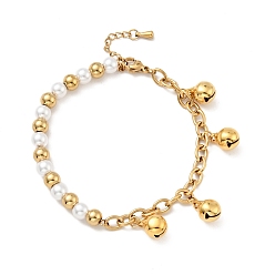 Golden 201 Stainless Steel Bell Charms Bracelet, Plastic Pearl Beaded Bracelet with Vacuum Plating 304 Stainless Steel Curb Chains for Women, Golden, 7-1/2 inch(19cm)