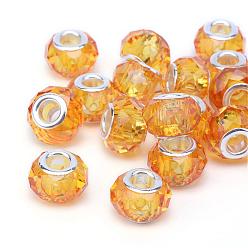 Gold Handmade Glass European Beads, Large Hole Beads, Silver Color Brass Core, Gold, 14x8mm, Hole: 5mm