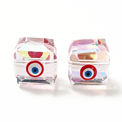 Красный Прозрачные стеклянные бусины, с эмалью, граненые, куб с рисунком от сглаза, красные, 10~11x9x10 мм, отверстие : 1.6 мм