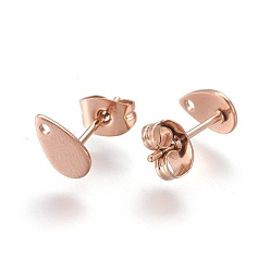 Rose Gold Ion Plating(IP) 304 Stainless Steel Stud Earring Findings, with Flat Plate, Teardrop, Rose Gold, 8x5x0.7mm, Hole: 1mm, Pin: 0.8mm