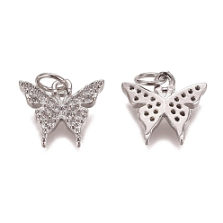 Platinum Brass Micro Pave Clear Cubic Zirconia Charms, with Jump Rings, Butterfly, Platinum, 11x12.5x2.5mm, Hole: 3mm