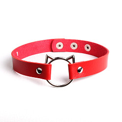 Red Cute Cat Head PU Leather Collar for Punk Fashion Street Style with Lock and Clavicle Chain Jewelry
