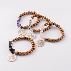 Mixed Stone Round Wood Beaded Stretch Bracelets, with Mixed Stone Chips Beads and Tree of Life Alloy Pendants, Antique Silver, 60mm