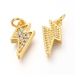 Real 18K Gold Plated Brass Micro Pave Clear Cubic Zirconia Charms, with Jump Rings, Lightning Bolt, Real 18K Gold Plated, 12.8x7.5x2.4mm, Hole: 2.4mm