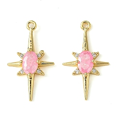 Pink Brass Micro Pave Cubic Zirconia Pendants, Real 18K Gold Plated, Star, Pink, 21x12x3.5mm, Hole: 1.2mm