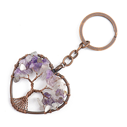 Amethyst Natural Amethyst Pendant Keychains, with Brass Findings and Alloy Key Rings, Heart with Tree of Life, 10.7cm