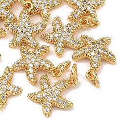 Настоящее золото 18K Латунные микропаве прозрачные подвески с фианитом, без кадмия, без никеля и без свинца, прелести морская звезда, реальный 18 k позолоченный, 13x11x3 мм, Перейти кольцо: 5x1 мм, внутренний диаметр: 3 мм