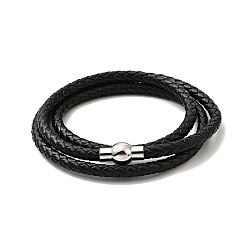 Black Leather Braided Three Loops Wrap Bracelet with 304 Stainless Steel Clasp for Men Women, Black, 24-1/4 inch(61.5cm)