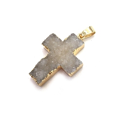 Dark Gray Natural Druzy Agate Pendants, Dyed, Religion Cross Charms with Golden Tone Metal Findings, Dark Gray, 31x23mm