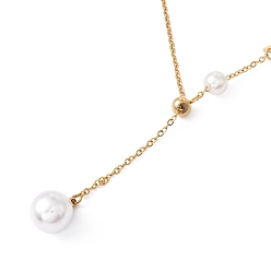 Golden Plastic Pearl & Leaf Pendant Lariat Necklace, Ion Plating(IP) 304 Stainless Steel Jewelry for Women, Golden, 9.06~19.29 inch(23~49cm)