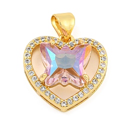 Lilac Rack Plating Brass Micro Pave Clear Cubic Zirconia Pendants, with Glass, Long-Lasting Plated, Cadmium Free & Lead Free, Heart with Butterfly Charms, Lilac, 16x16x6.5mm, Hole: 4x3.5mm