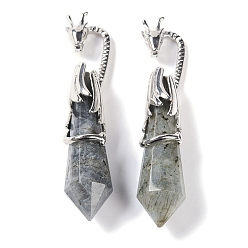 Лабрадорита Большие подвески с ограненными заостренными пулями из натурального лабрадорита, стойка с латунными подвесками в виде дракона, без свинца и без кадмия, платина, 73.5~78.5x15.5~16.5x15.5~16.5 мм, отверстие : 4x2.5 мм