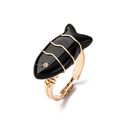 Обсидиан Кольца из натурального обсидиана, рыба, рыба, с латунной фурнитурой со стразами, золотые, рыбы: 23x12 mm, размер США 7 1/4 (17.5 мм)