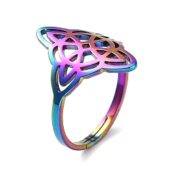 Rainbow Color Ion Plating(IP) 304 Stainless Steel Adjustable Rings, Hollow Rhombus Knot Ring for Women, Rainbow Color, 2mm, Inner Diameter: 16.5mm