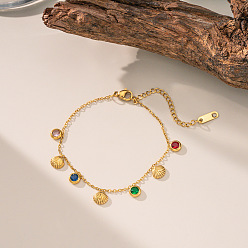 Золотой 304 Браслеты из нержавеющей стали с подвесками из цветного кубического циркония, браслеты-цепочки для женщин, форма раковины и плоская круглая, золотые, 6.69 дюйм (17 см)