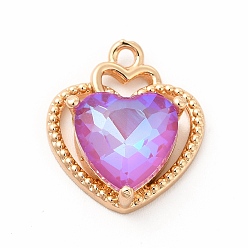 Amethyst Brass with K9 Glass Charms, Golden, Heart Charms, Amethyst, 18x15.5x6mm, Hole: 1.5mm