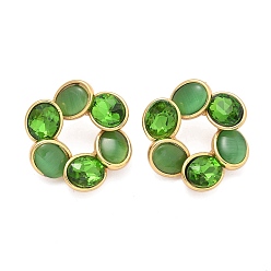 Зеленый Цветок 304 из нержавеющей стали серьги стержня, со стеклом и глазом кошки, ионное покрытие (ip), золотые, зелёные, 30.5x28 мм