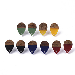 Mixed Color Resin & Walnut Wood Stud Earring Findings, with 304 Stainless Steel Pin, Teardrop, Mixed Color, 17x11mm, Hole: 1.8mm, Pin: 0.7mm