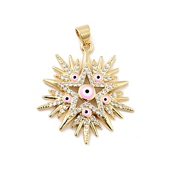 Pearl Pink Rack Plating Brass Micro Pave Clear Cubic Zirconia Pendants, with Enamel, Cadmium Free & Lead Free, Star with Evil Eye, Real 18K Gold Plated, Pearl Pink, 29x26x3.8mm, Hole: 3x3.5mm