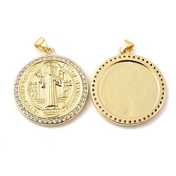 Real 18K Gold Plated Rack Plating Brass Micro Pave Cubic Zirconia Pendants, Cadmium Free & Lead Free, Long-Lasting Plated, Flat Round with Saint Benedict Charm, Religion Theme, Real 18K Gold Plated, 30x27x2.5mm, Hole: 4.2x3.4mm