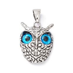 Dodger Blue Retro Punk Alloy Pendants, with Glass, Owl with Evil Eye, Dodger Blue, 26x18.5x6mm, Hole: 7.5x4mm