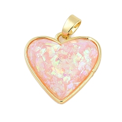 Pink Стойки обшивки латунные подвески, с имитацией опала из смолы, долговечный, без кадмия и без свинца, реальный 18 k позолоченный, сердце, розовые, 17x18x6 мм, отверстие : 4x2.5 мм