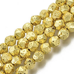 Golden Plated Electroplated Natural Lava Rock Beads Strands, Round, Faceted, Bumpy, Golden Plated, 6~7x5~6mm, Hole: 1mm, about 63~64pcs/Strand, 15.16 inch(38.5cm)