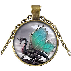 Antique Bronze Turquoise Dragon Theme Glass Flat Round Pendant Necklace with Alloy Chains, Antique Bronze, 27.56 inch(70cm)