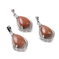 Goldstone Synthetic Goldstone Pendants, Teardrop Charms, with Platinum Tone Rack Plating Brass Findings, 32x19x10mm, Hole: 8x5mm