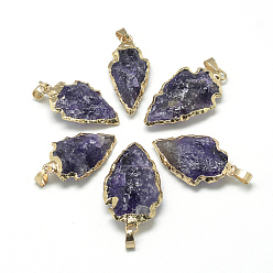 Amethyst Natural Amethyst Pendants, with Brass Findings, Golden, 25~50x15~25x5~15mm, Hole: 7x4mm