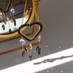 Black Heart Quartz Crystal Dyed Hanging Suncatcher Pendant Decoration, Crystal Ball Prism Pendants, with Brass & Iron Findings, Black, 300mm